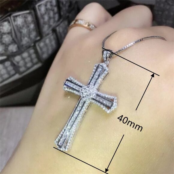 New Womens Diamond Silver Cubic Zirconia Cross Necklace 18" - Picture 2 of 3